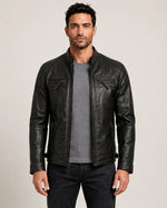 The Royal Men’s Black Lambskin Leather Biker Jacket with Quilted Shoulders