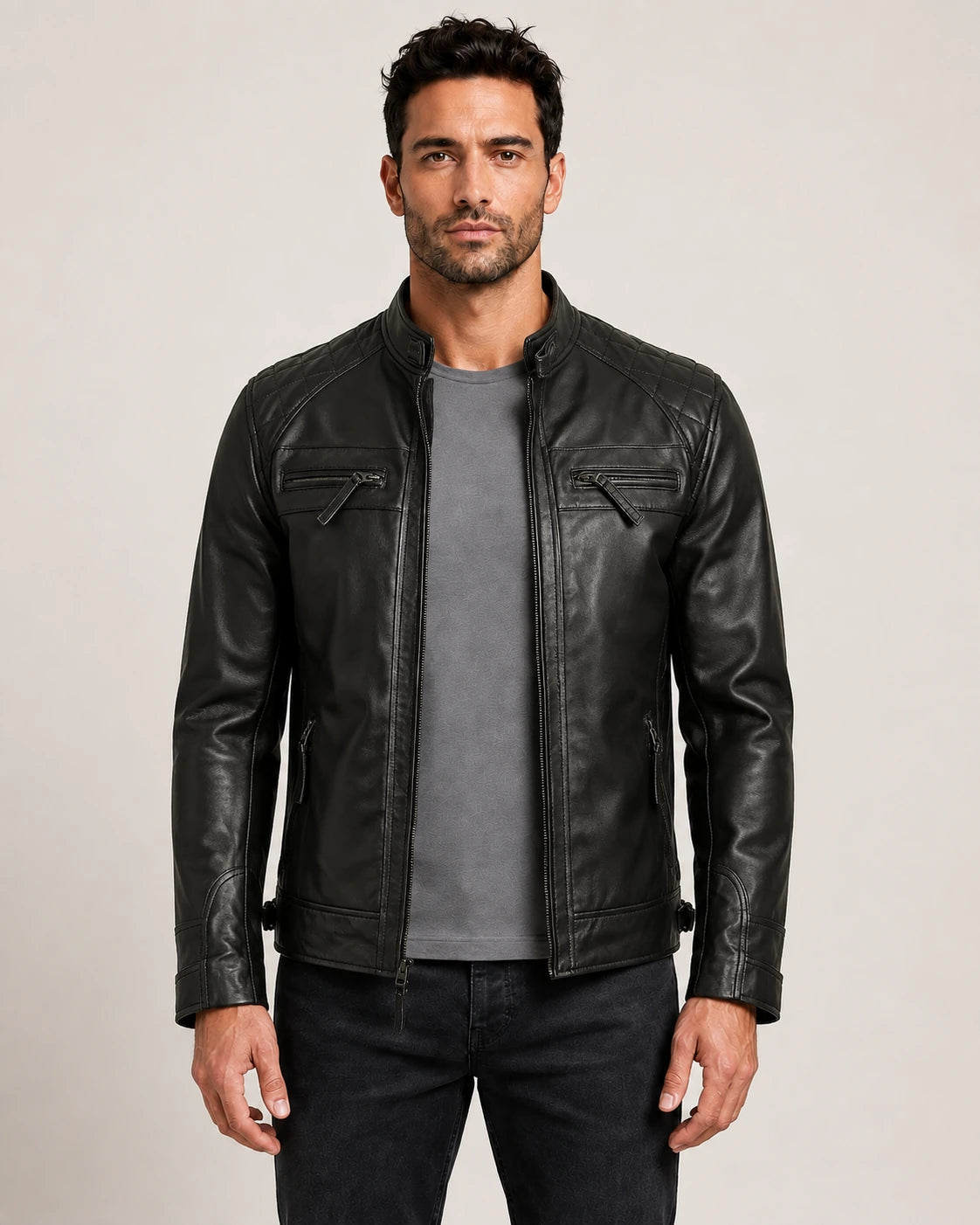 The Royal Men’s Black Lambskin Leather Biker Jacket with Quilted Shoulders