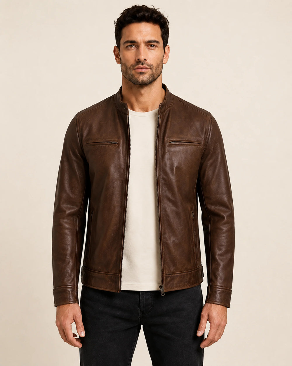 Heritage Men's Cognac Waxed Biker-Style Leather Jacket