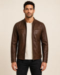 Heritage Men's Cognac Waxed Biker-Style Leather Jacket