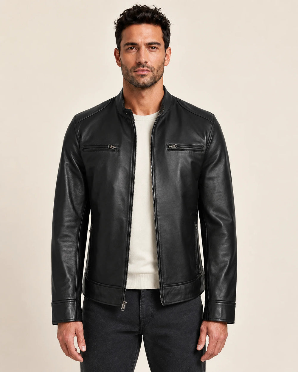 Classic Men's Black Leather Cafe Racer Biker Jacket