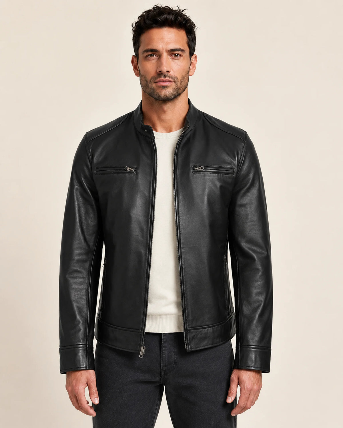 Classic Men's Black Leather Cafe Racer Biker Jacket