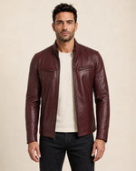 Premium Men's Maroon Leather Café Racer Biker Jacket