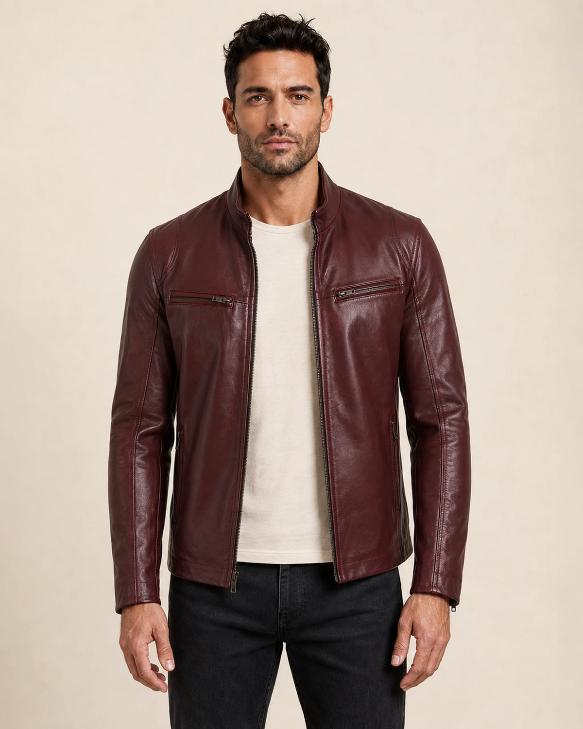 Premium Men's Maroon Leather Café Racer Biker Jacket