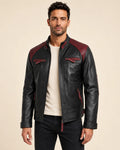 Elite Men's Black & Maroon Quilted Leather Biker Jacket