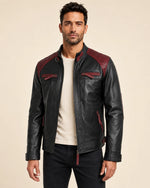 Elite Men's Black & Maroon Quilted Leather Biker Jacket