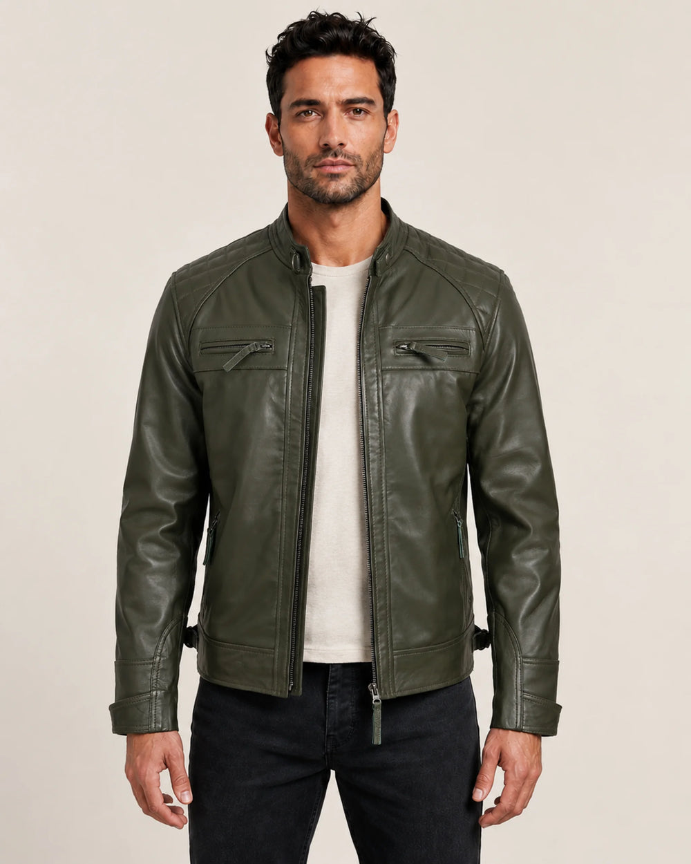 Premium Men's Olive Green Quilted Shoulder Biker Leather Jacket