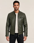 Premium Men's Olive Green Quilted Shoulder Biker Leather Jacket