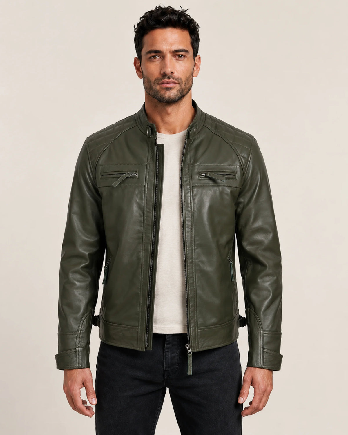 Premium Men's Olive Green Quilted Shoulder Biker Leather Jacket