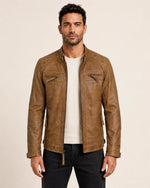 Elite Men’s Camel Brown Real Leather Biker Jacket with Quilted Shoulders