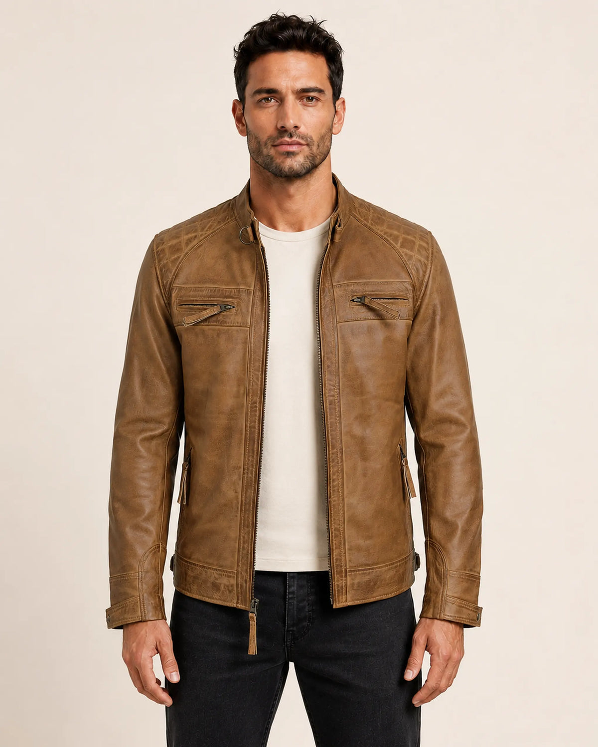 Elite Men’s Camel Brown Real Leather Biker Jacket with Quilted Shoulders