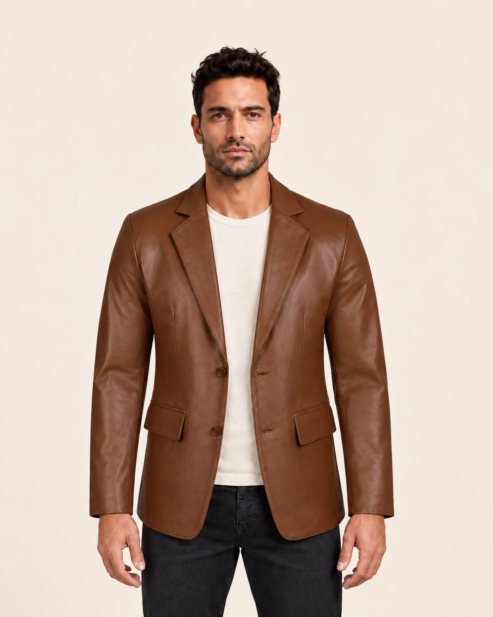 The Royal Men's Two-Button Cognac Leather Blazer - Notch Lapel