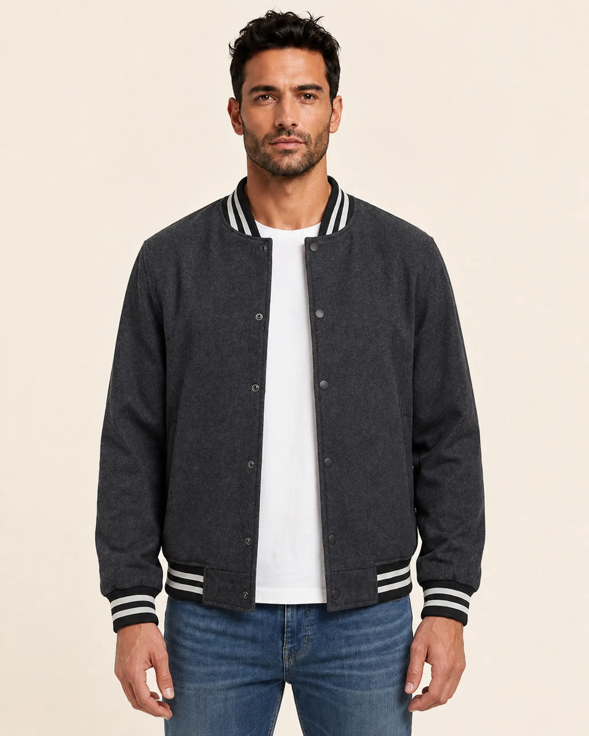 Heritage Men’s Charcoal Grey Wool Varsity Bomber Jacket