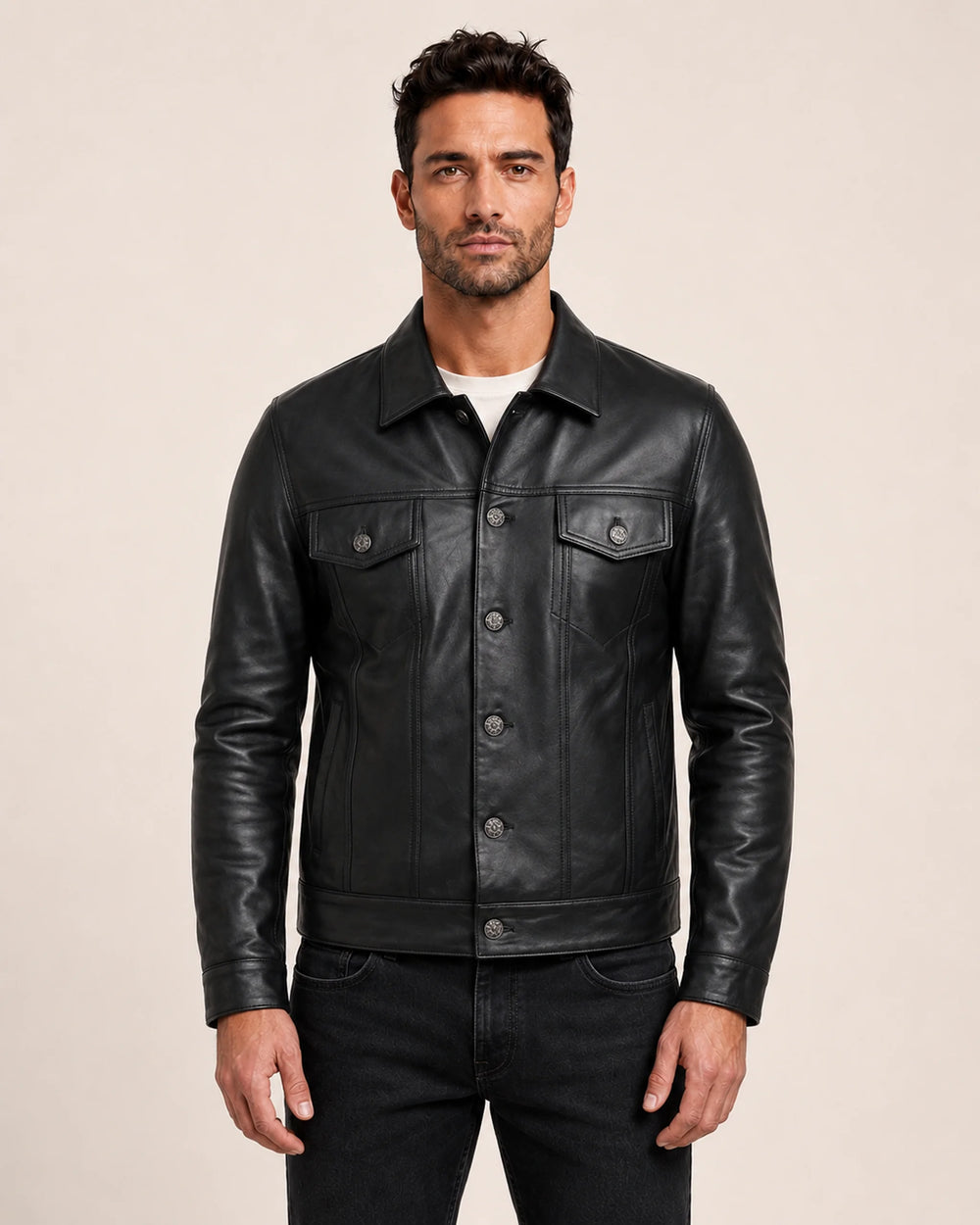 Men’s Black Leather Trucker Jacket with Shirt Collar