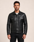 Men’s Black Leather Trucker Jacket with Shirt Collar