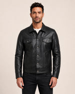 Men’s Black Leather Trucker Jacket with Shirt Collar