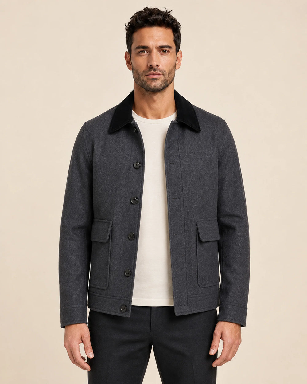 Classic Men's Charcoal Grey Wool Utility Jacket with Black Collar