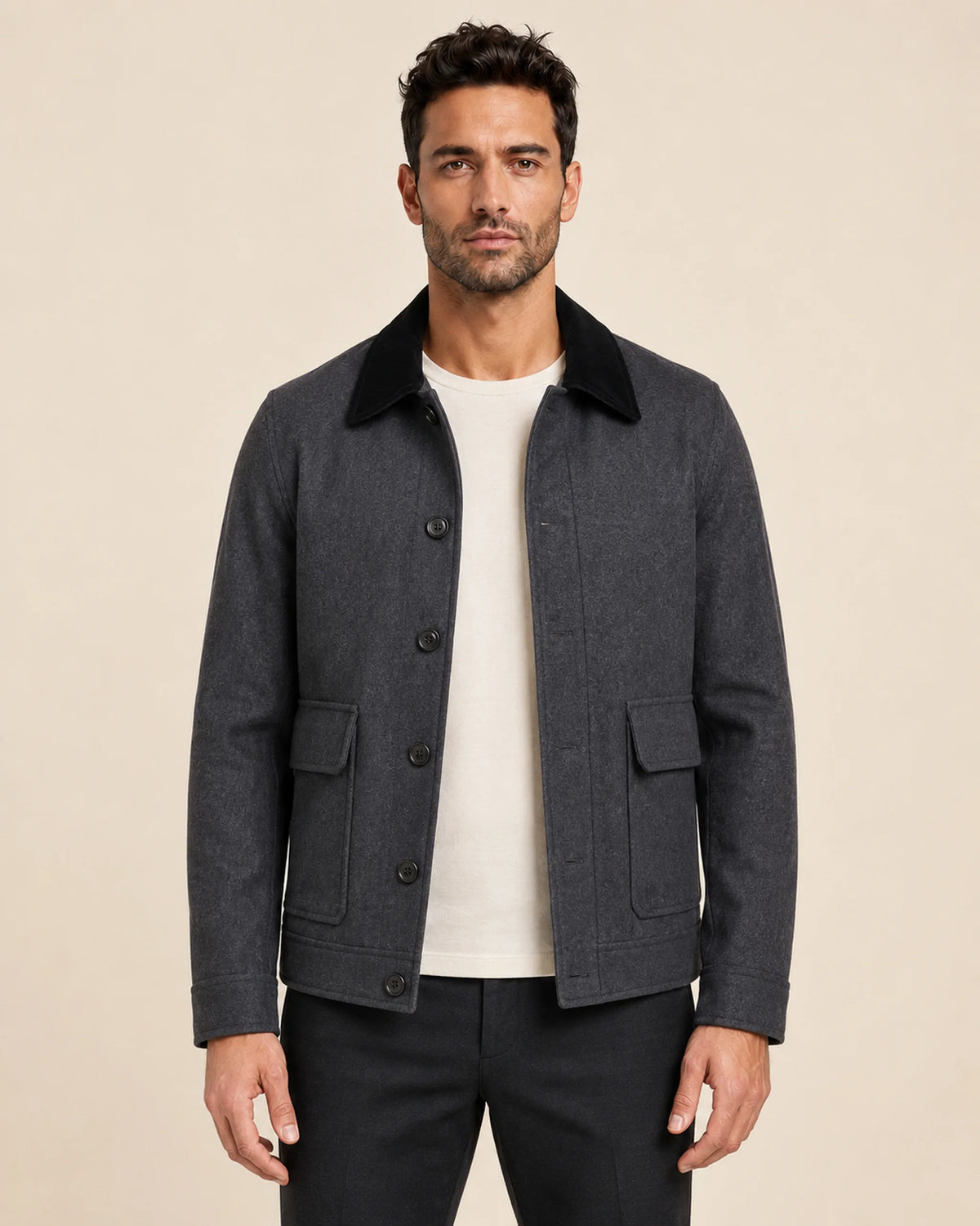 Classic Men's Charcoal Grey Wool Utility Jacket with Black Collar
