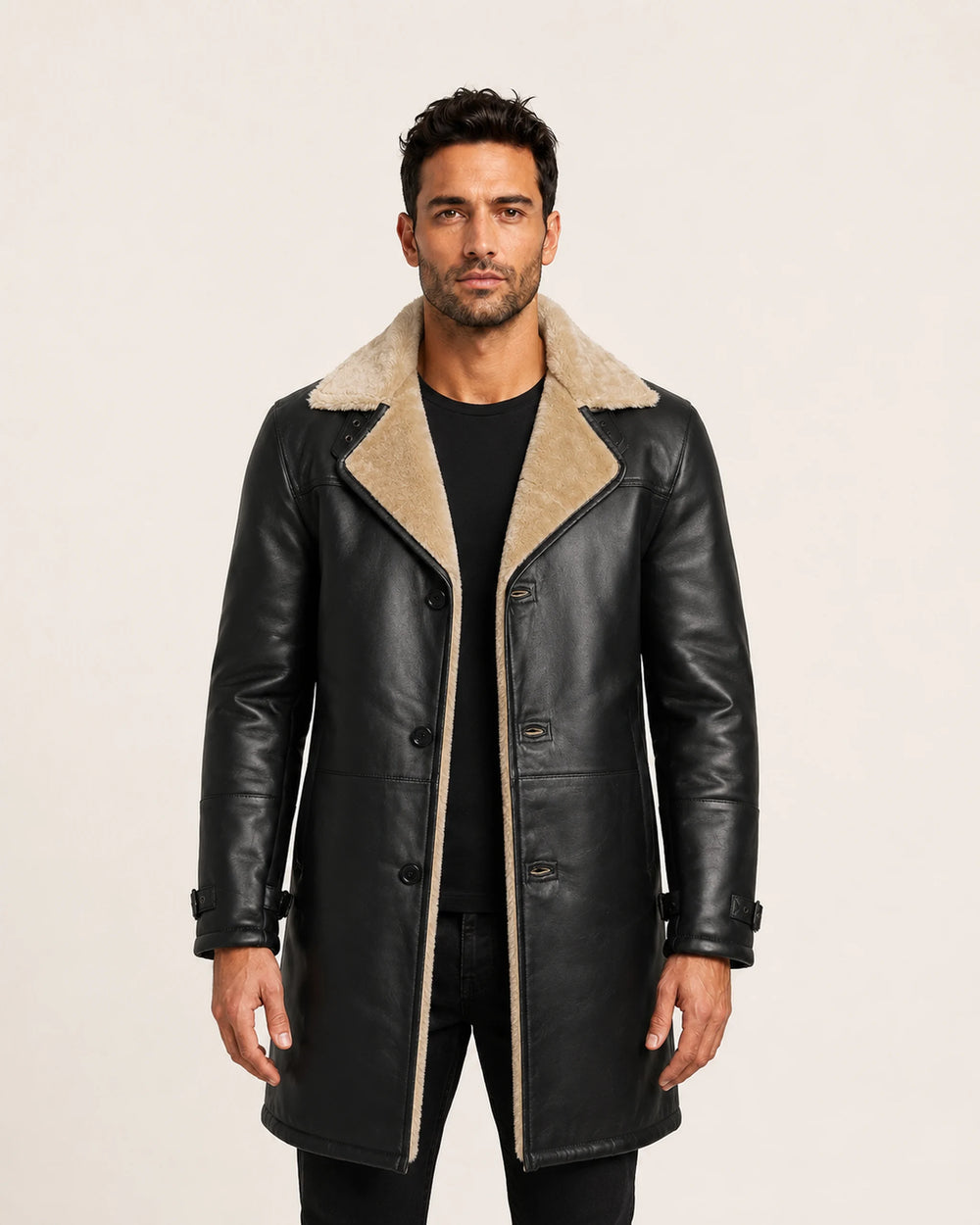 Modern Men's Black Real Leather 3/4-Length Shearling Coat