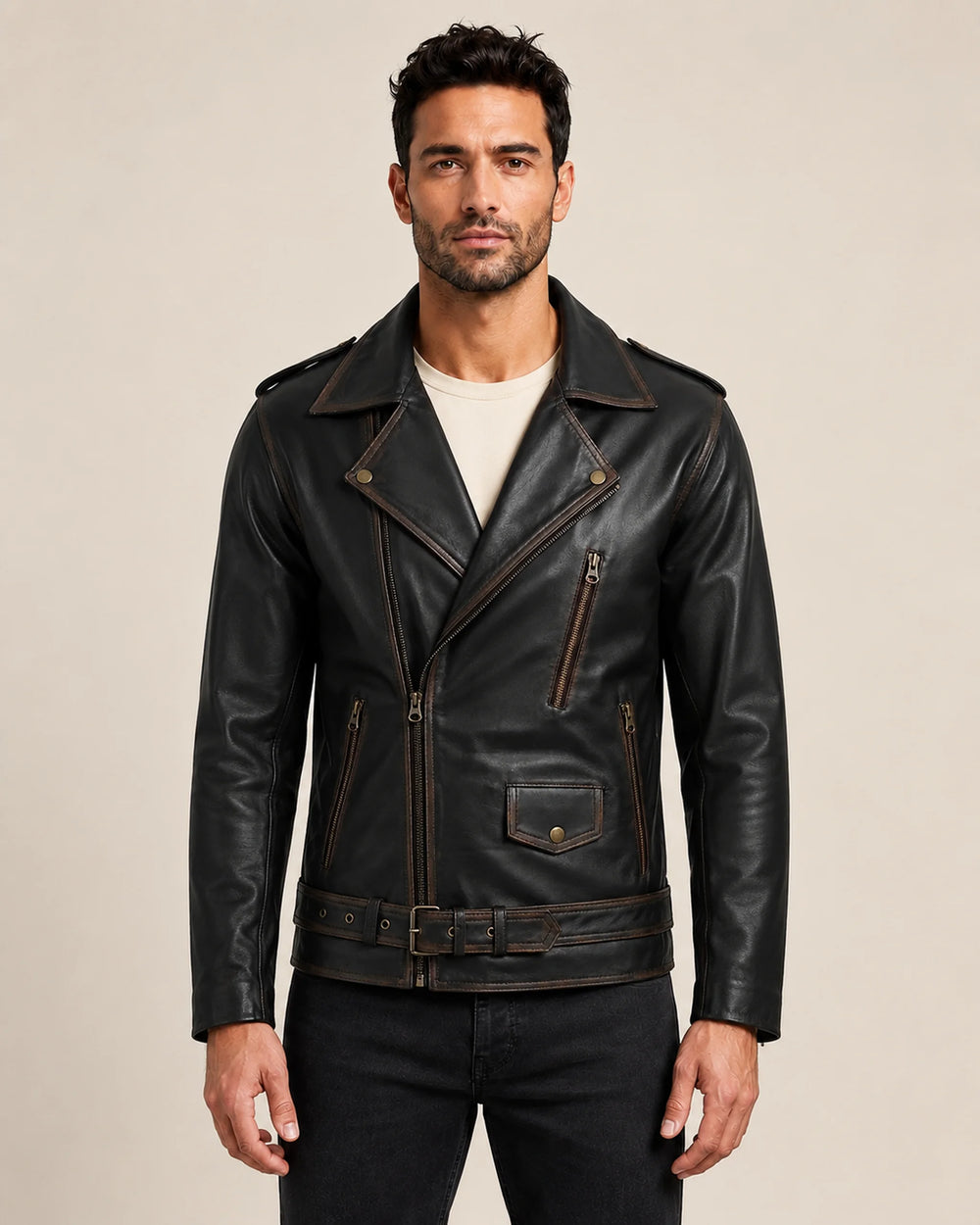 Classic Men's Distressed Dark Brown Leather Biker Jacket with Belt