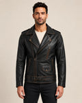 Classic Men's Distressed Dark Brown Leather Biker Jacket with Belt