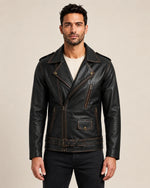 Classic Men's Distressed Dark Brown Leather Biker Jacket with Belt