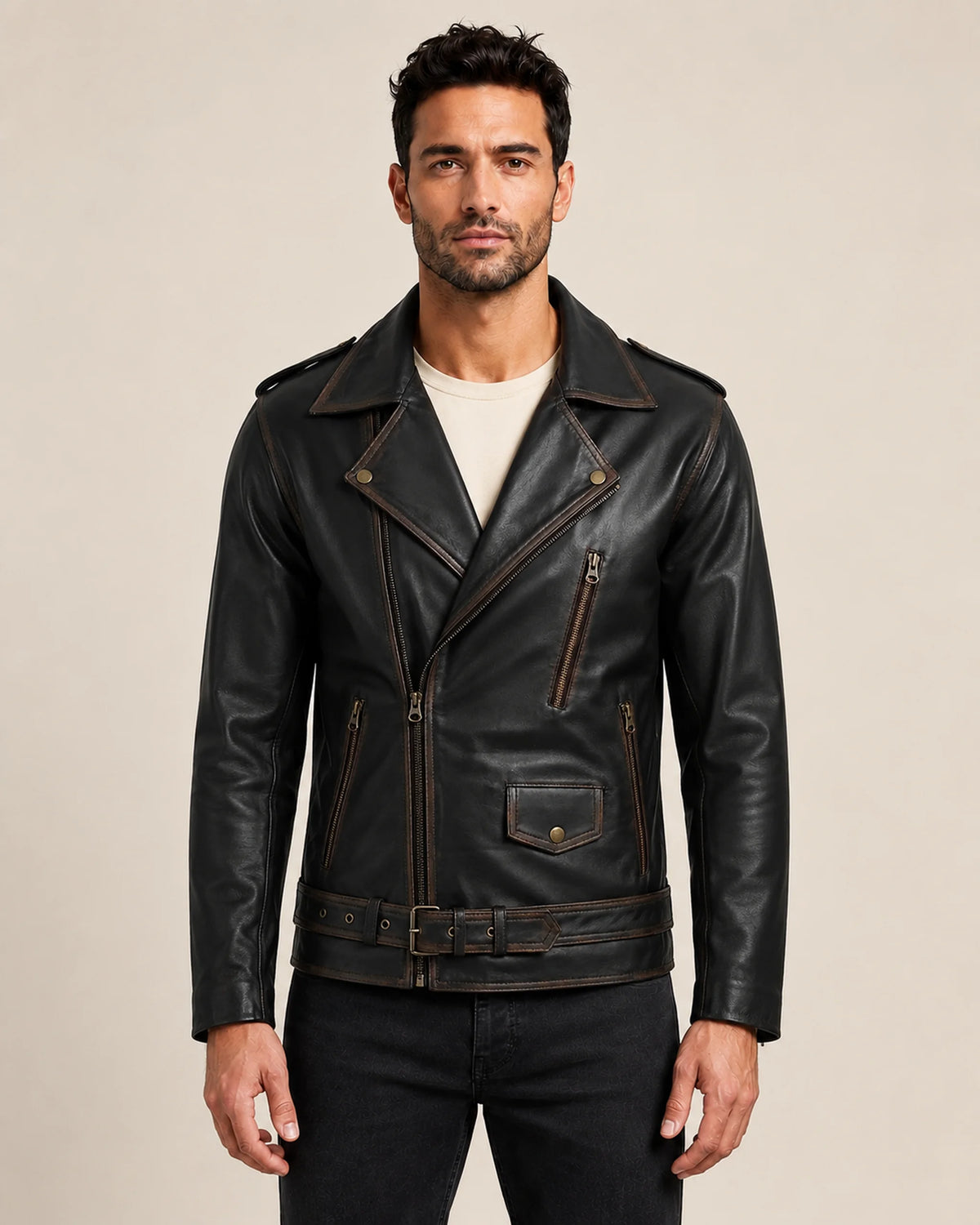 Classic Men's Distressed Dark Brown Leather Biker Jacket with Belt