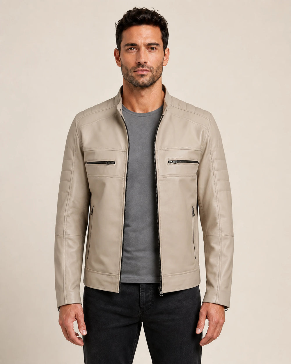 Luxury Men’s Beige Leather Biker Jacket with Mandarin Collar