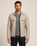 Luxury Men’s Beige Leather Biker Jacket with Mandarin Collar
