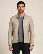 Luxury Men’s Beige Leather Biker Jacket with Mandarin Collar