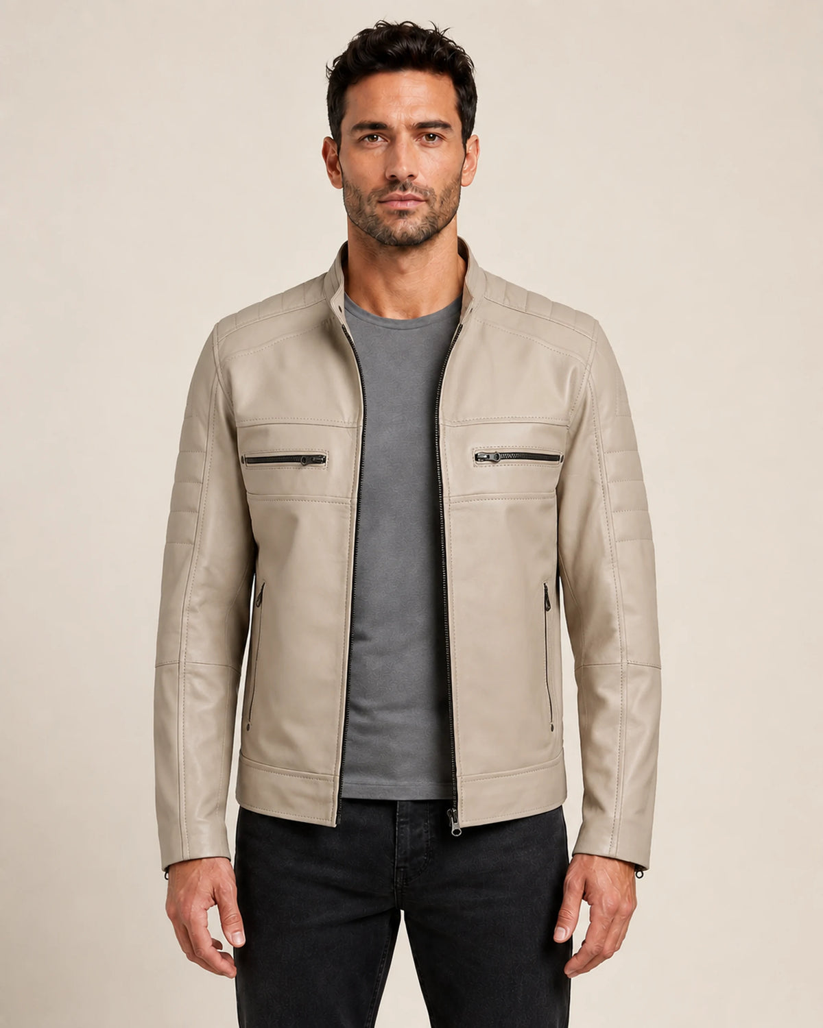Luxury Men’s Beige Leather Biker Jacket with Mandarin Collar