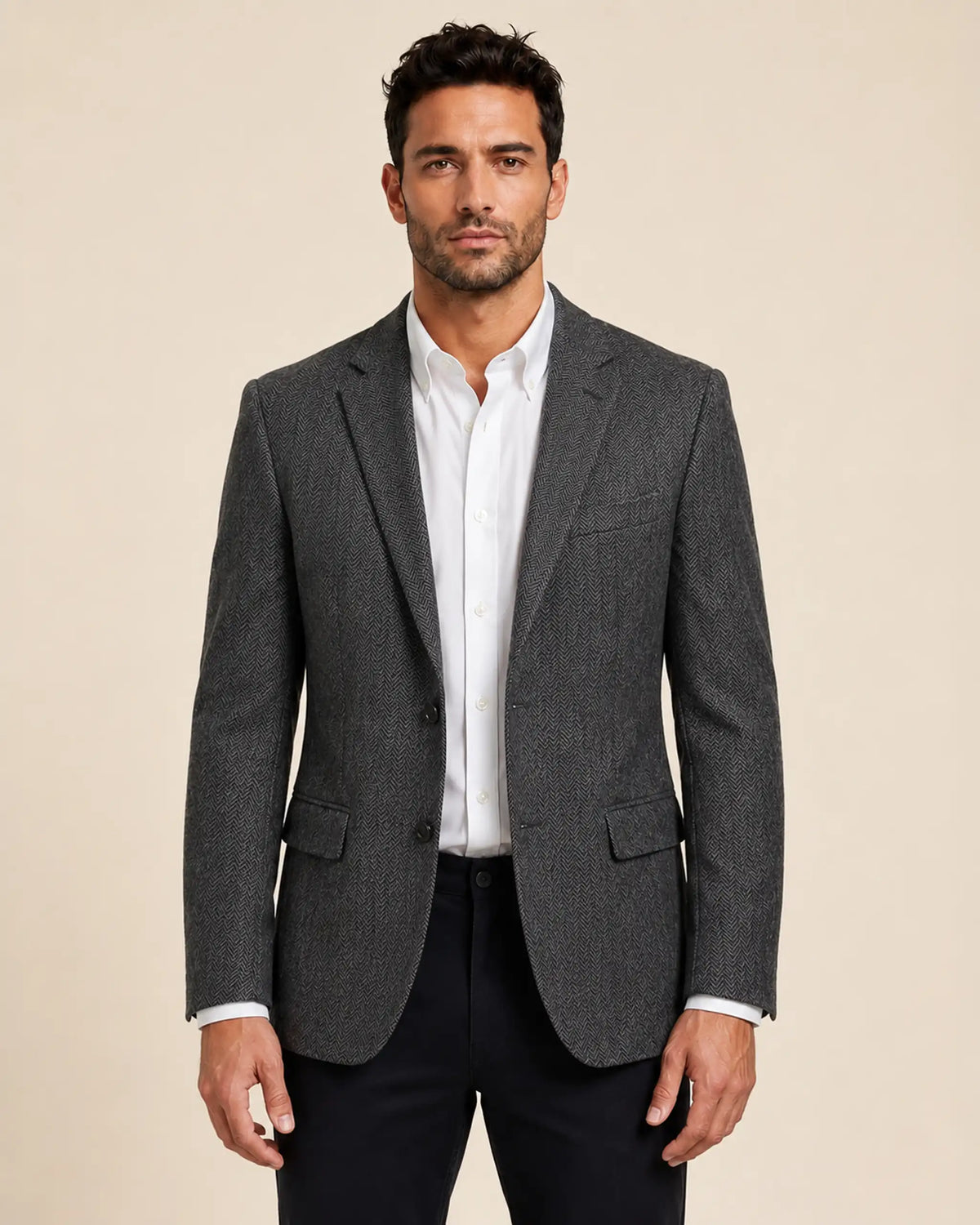 Signature Men's Grey Herringbone Wool Blend Two Button Blazer
