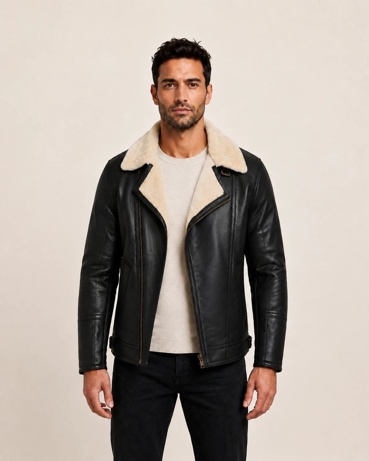Elite Men’s Black Shearling Biker Jacket