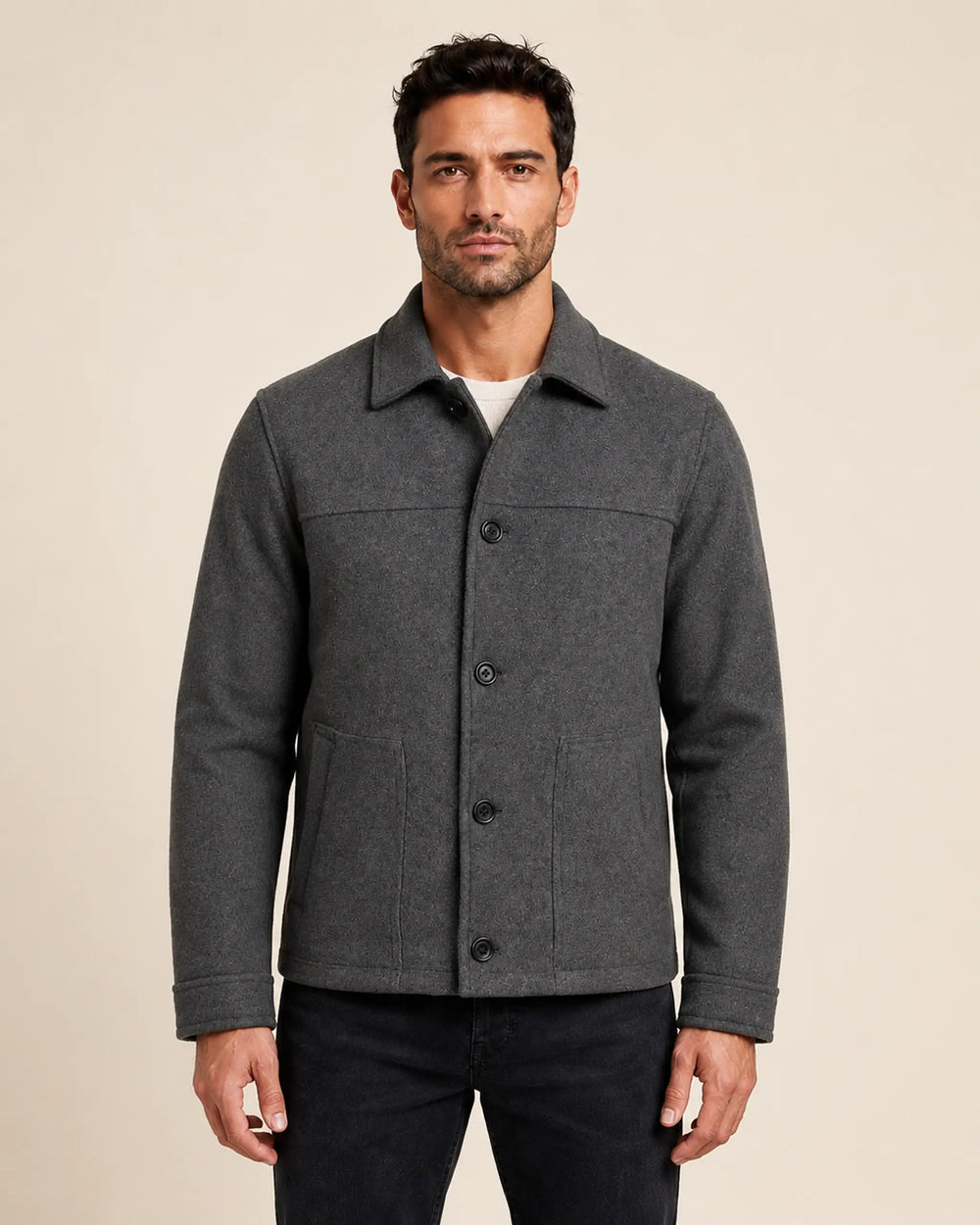 Modern Men’s Charcoal Grey Wool Blend Zip Jacket with Shirt Collar