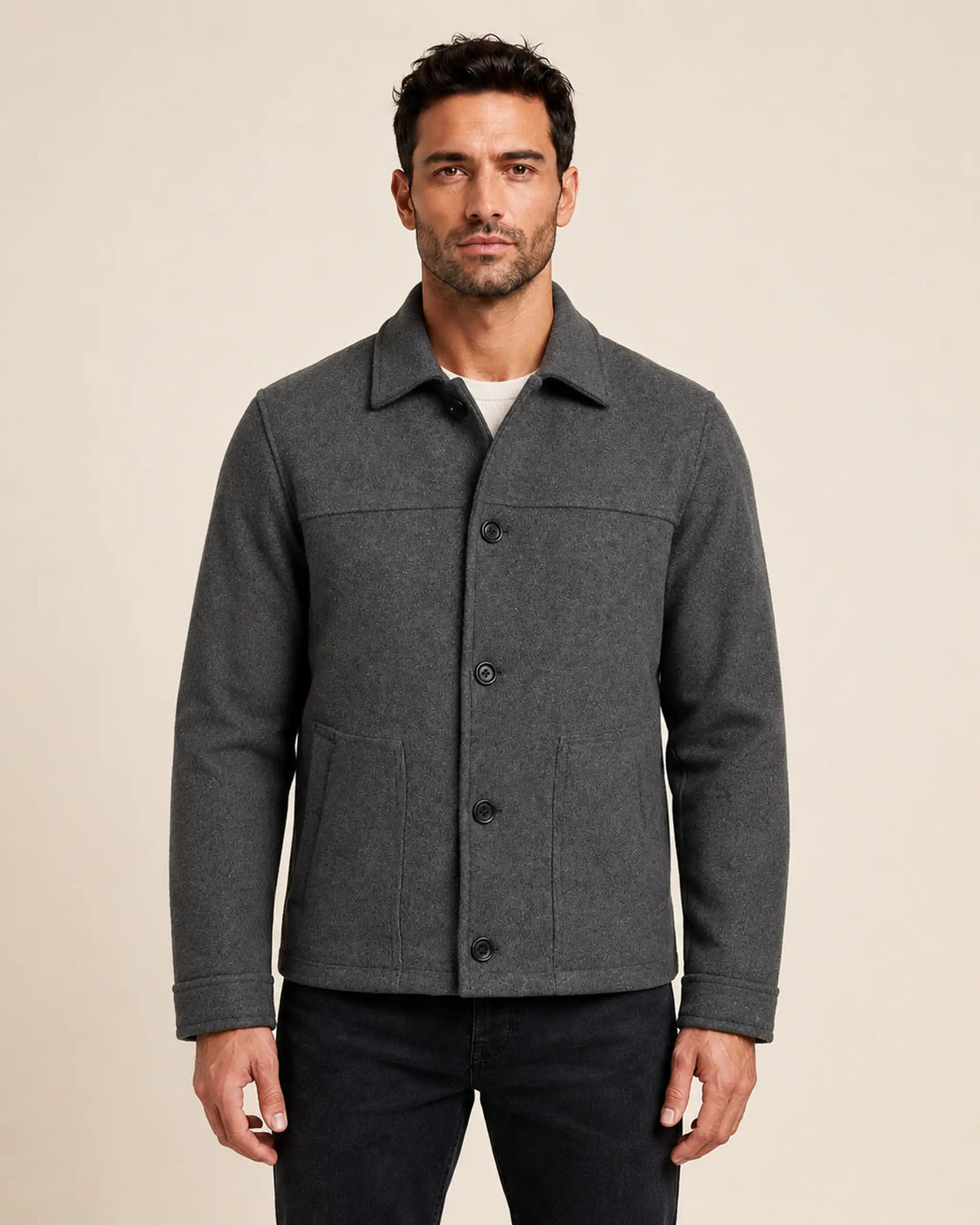 Modern Men’s Charcoal Grey Wool Blend Zip Jacket with Shirt Collar