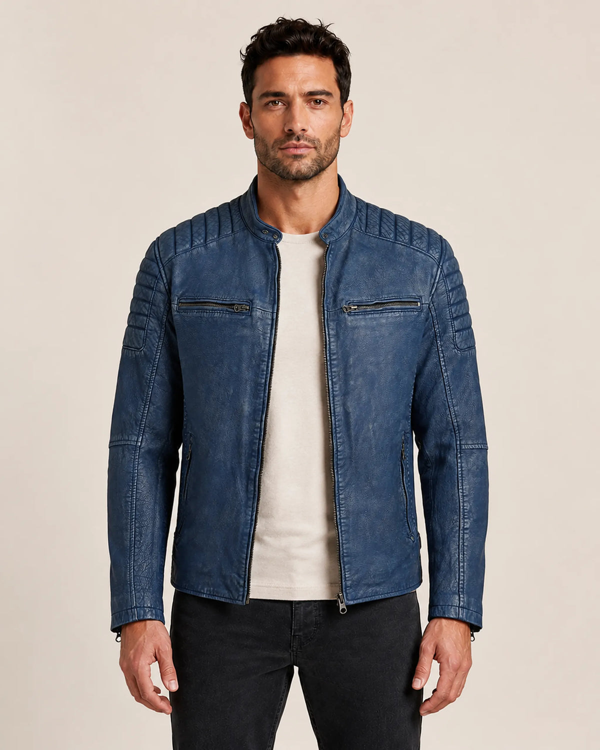 Luxury Men's Washed Blue Biker Leather Jacket with Zip Cuffs