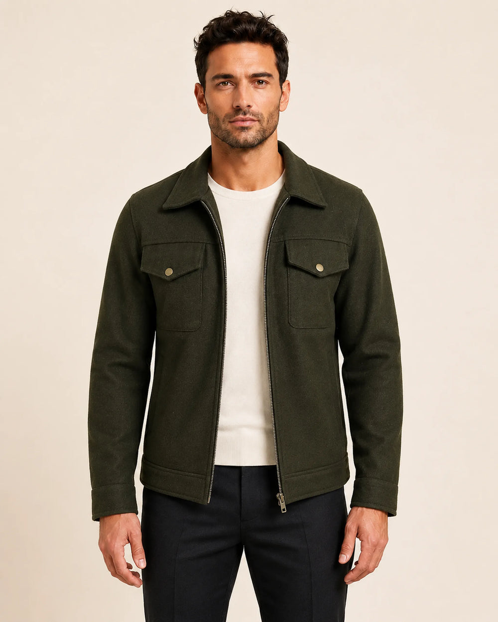 Premium Men's Olive Green Wool Utility Jacket with Zip Closure