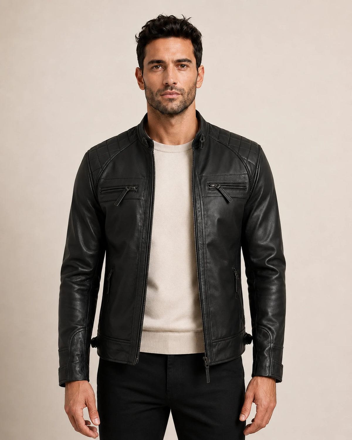 Heritage Men's Black Leather Biker Jacket with Quilted Shoulders