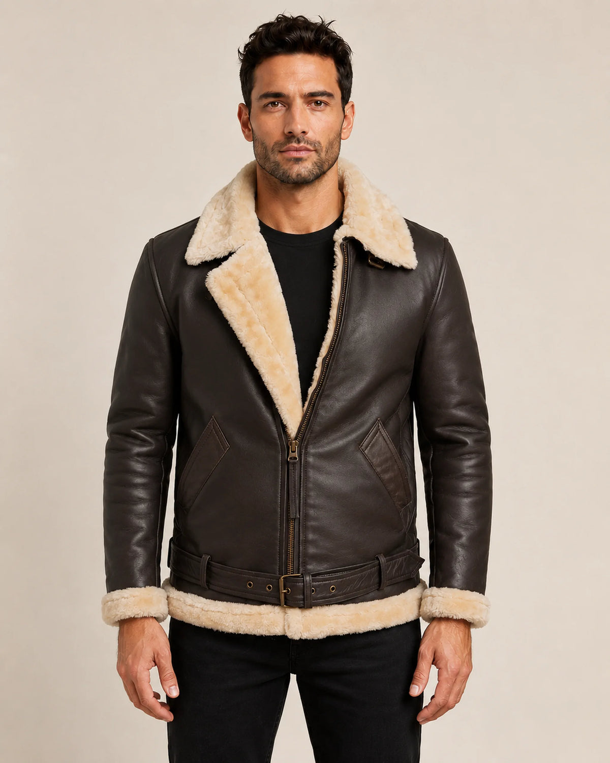 Classic Men’s Dark Brown Shearling Lined Leather Bomber Jacket