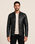 Modern Men's Black Real Leather Biker-Style Jacket with Stand-Up Collar