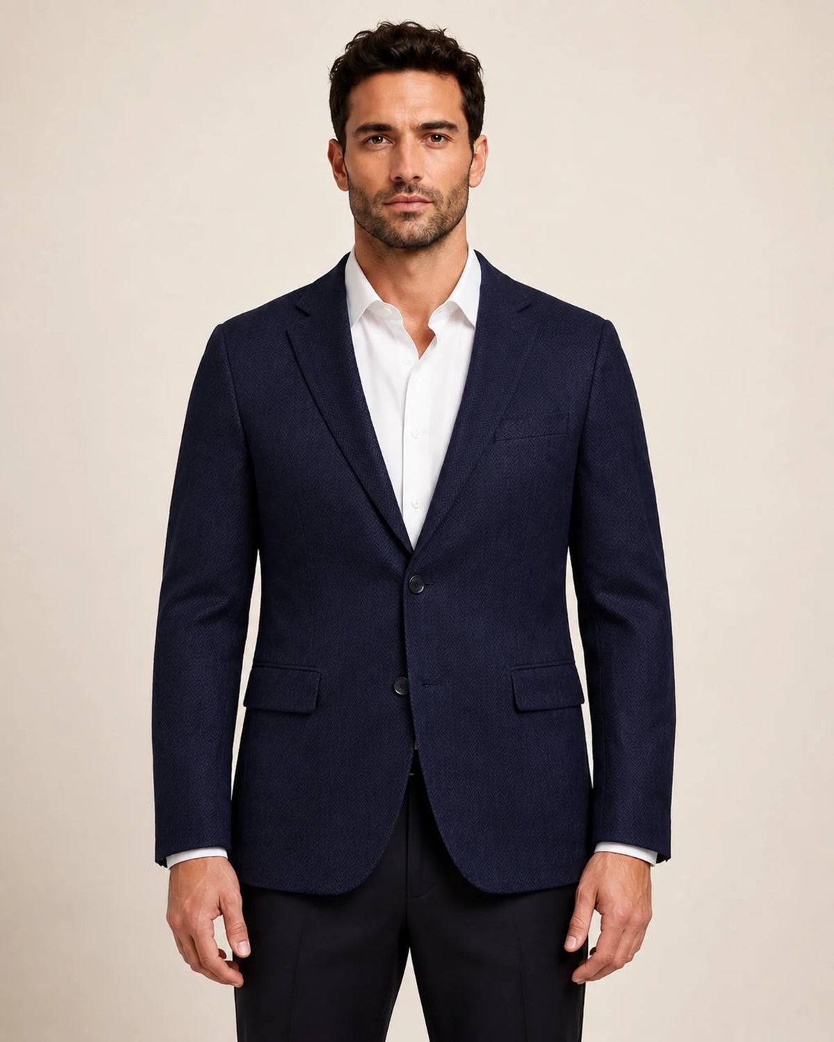 Premium Men's Navy Blue Herringbone Wool Blend Blazer Jacket