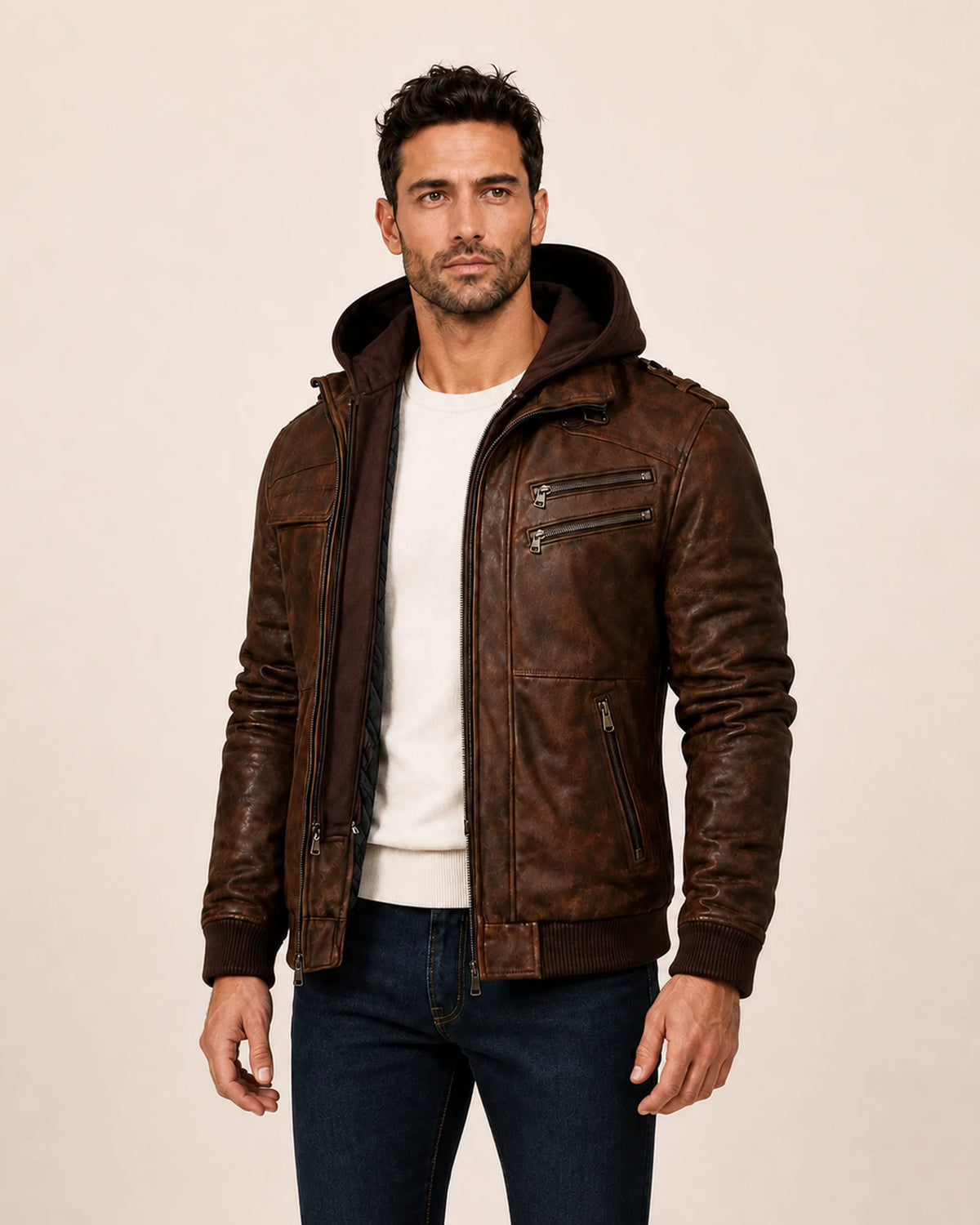 Men Brown Leather Motorcycle Jacket Removable Hood