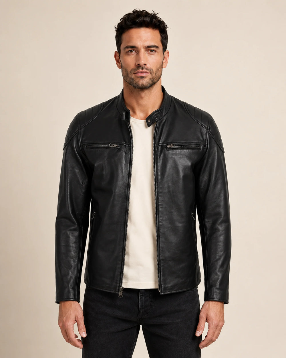 Classic Men's Black Real Leather Biker Jacket with Padded Shoulders