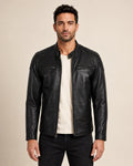 Classic Men's Black Real Leather Biker Jacket with Padded Shoulders