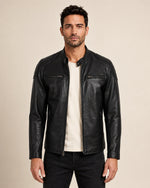 Classic Men's Black Real Leather Biker Jacket with Padded Shoulders