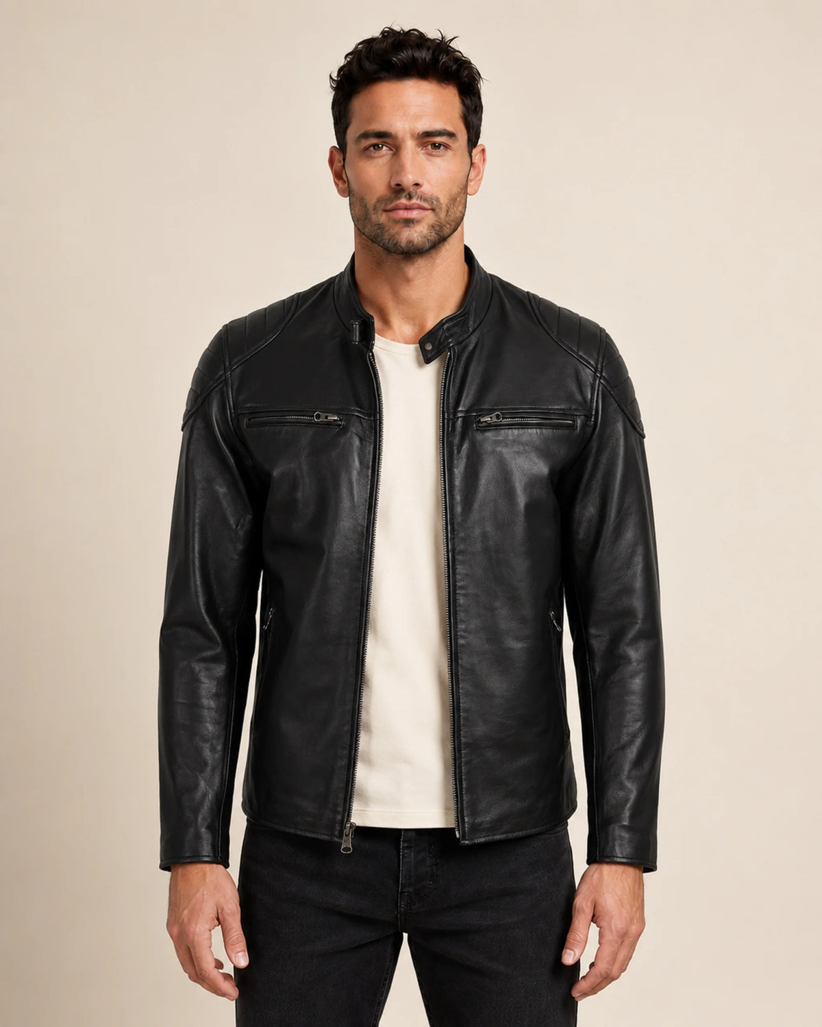 Classic Men's Black Real Leather Biker Jacket with Padded Shoulders