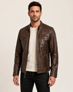 Heritage Men’s Chocolate Brown Leather Biker Jacket with Quilted Shoulders