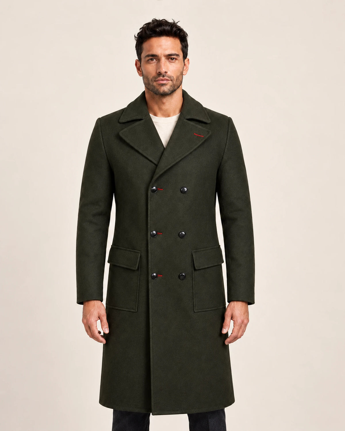 The Royal Men’s Double-Breasted Long Olive Green Wool Coat