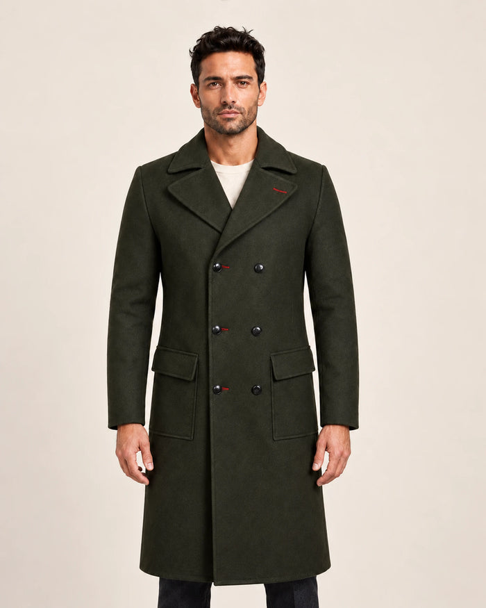 The Royal Men’s Double-Breasted Long Olive Green Wool Coat