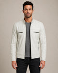Luxury Men’s Off White Biker Leather Jacket with Mandarin Collar